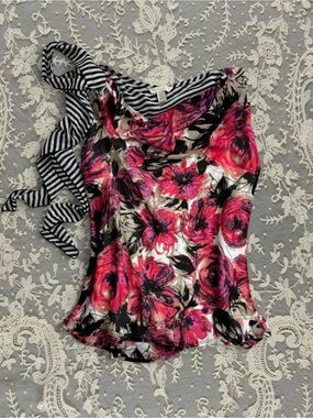 00s Jonathan Martin Floral Top Multicolor Striped Scarf Detail Fun Twee Romantic